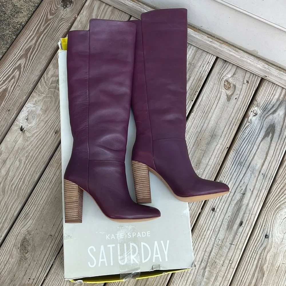 NIB- Kate Spade Saturday Burgundy Leather Knee High Block Heel Boots size 7.5